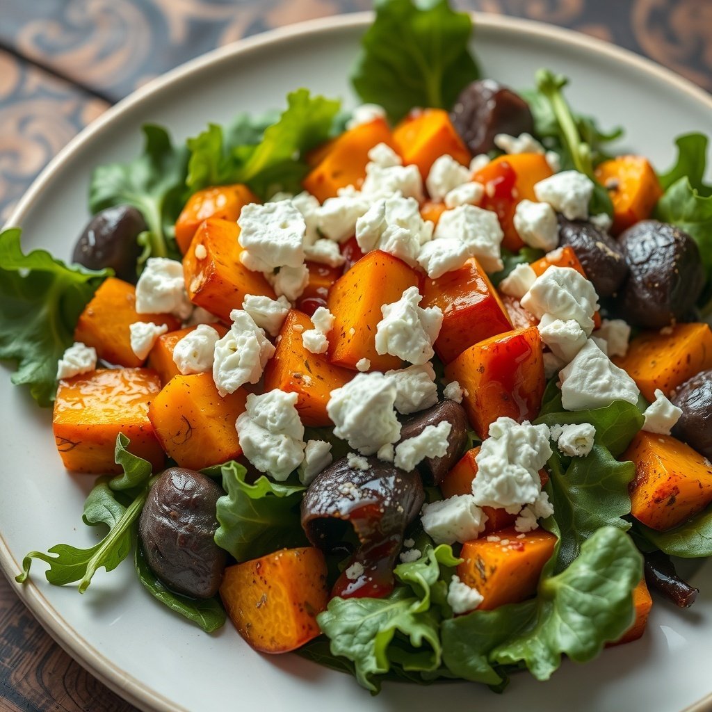29 Delicious Pumpkin Recipes for Fall Cooking A colorful roasted pumpkin salad with feta cheese, olives, and mixed greens.