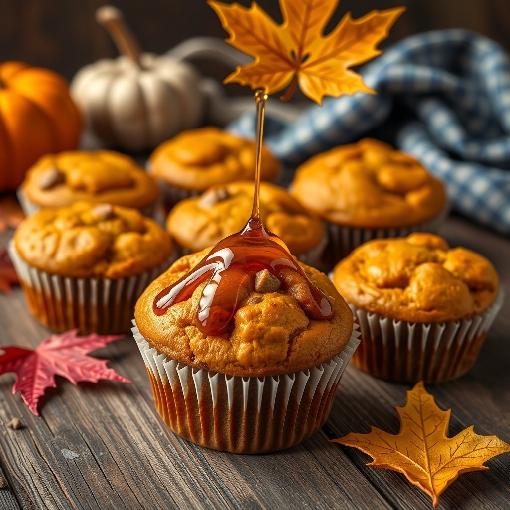 30 Delicious Pumpkin Muffin Recipes You Need to Try Pumpkin muffins topped with maple syrup drizzle, surrounded by autumn leaves and small pumpkins.