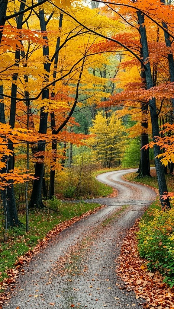 50 Gorgeous Fall Wallpapers to Transform Your Space A winding forest trail surrounded by colorful autumn trees with orange, yellow, and red leaves.