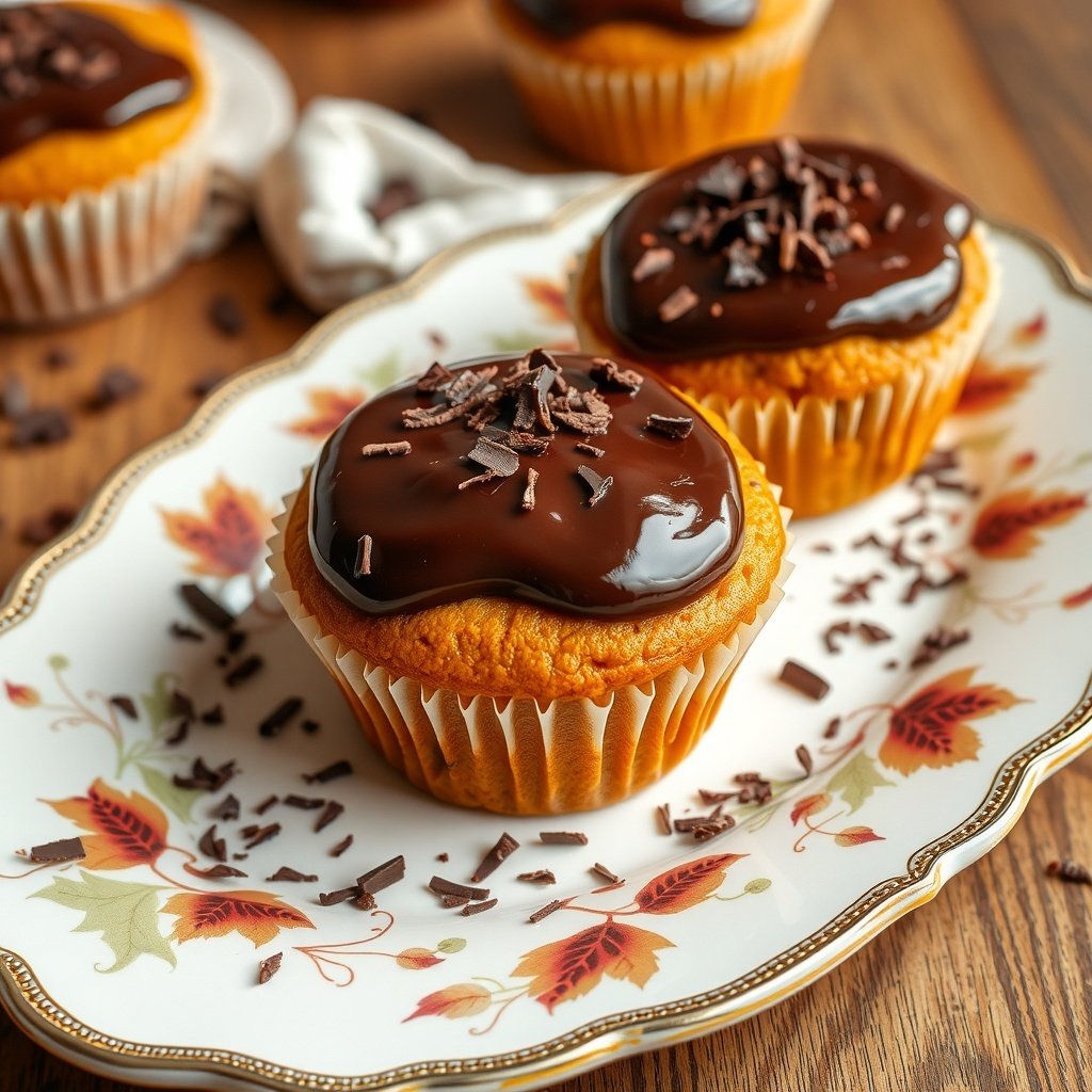 30 Delicious Pumpkin Muffin Recipes You Need to Try Pumpkin muffins topped with chocolate ganache and chocolate shavings on a decorative plate.
