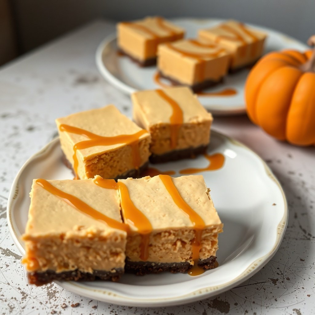 29 Delicious Pumpkin Recipes for Fall Cooking Pumpkin cheesecake bars drizzled with caramel on a plate, with a small pumpkin in the background.