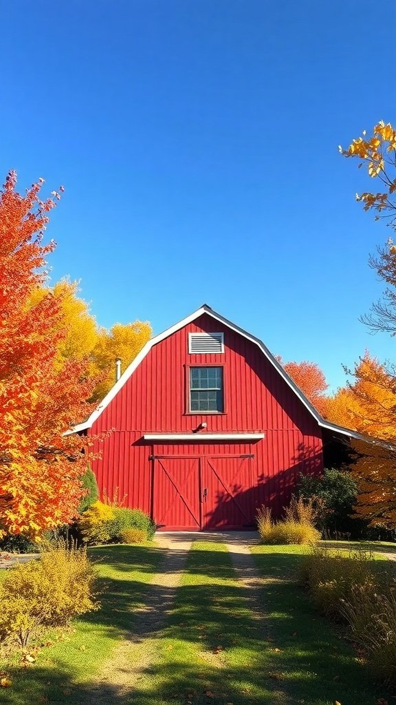 50 Gorgeous Fall Wallpapers to Transform Your Space A red barn surrounded by colorful fall foliage under a clear blue sky.
