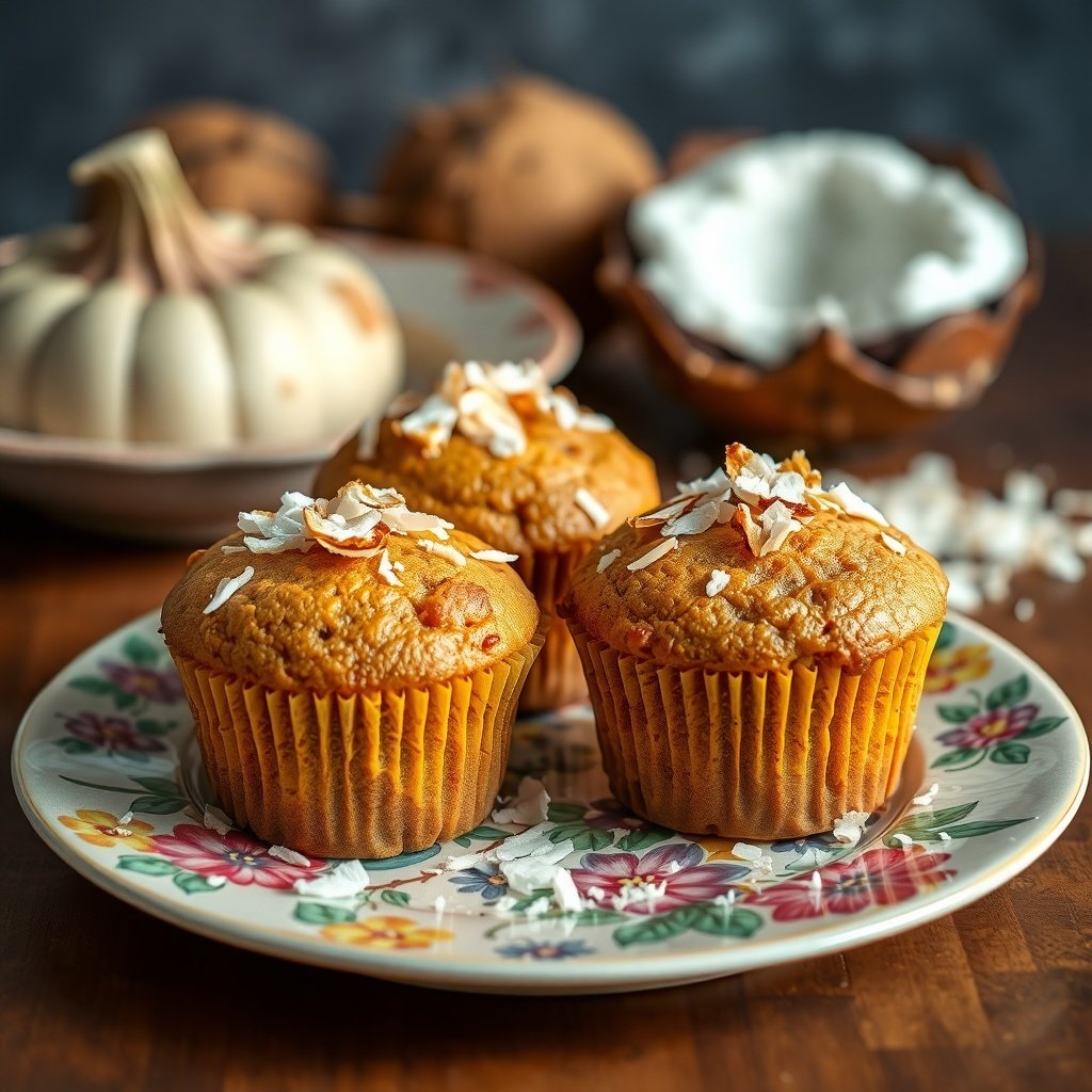 30 Delicious Pumpkin Muffin Recipes You Need to Try Three pumpkin muffins topped with coconut flakes on a floral plate, with a small white pumpkin and a bowl of coconut flakes in the background.