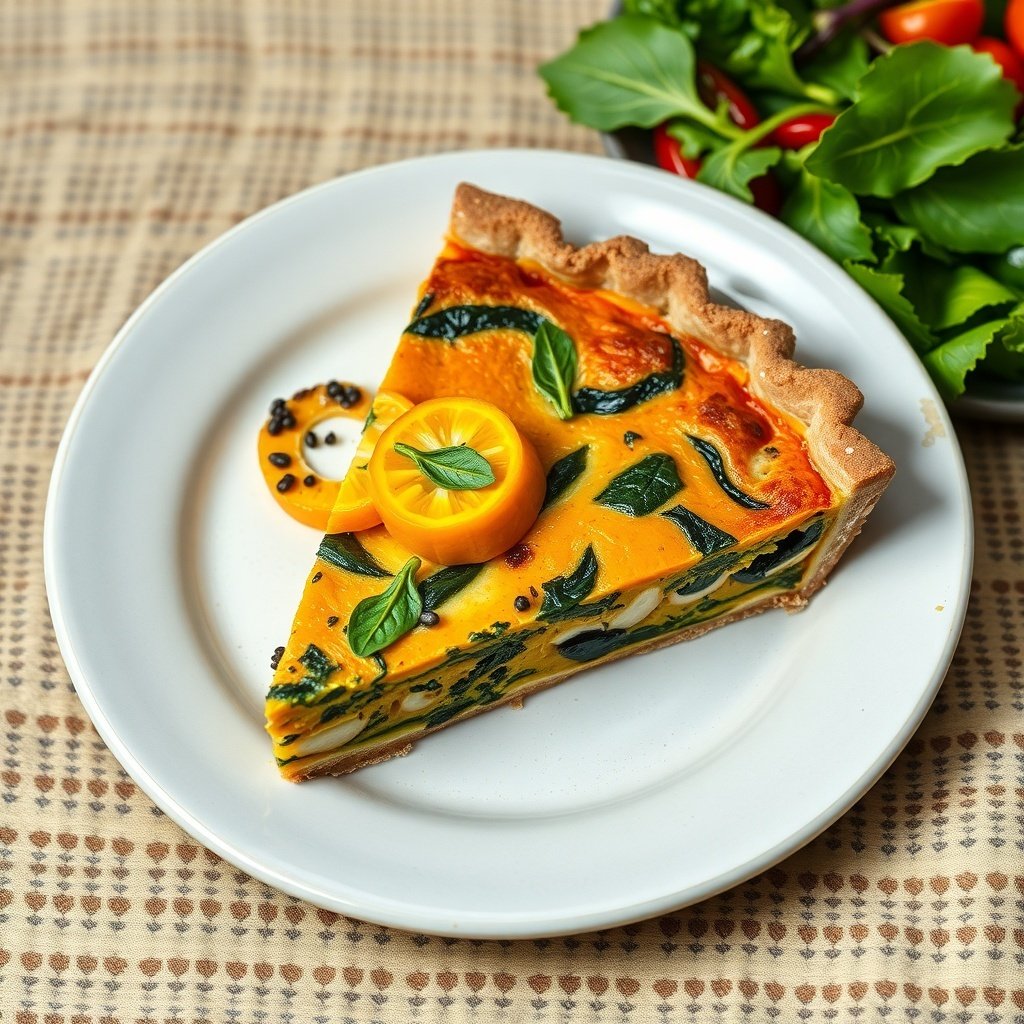 29 Delicious Pumpkin Recipes for Fall Cooking A slice of pumpkin and spinach quiche on a white plate with fresh greens in the background.