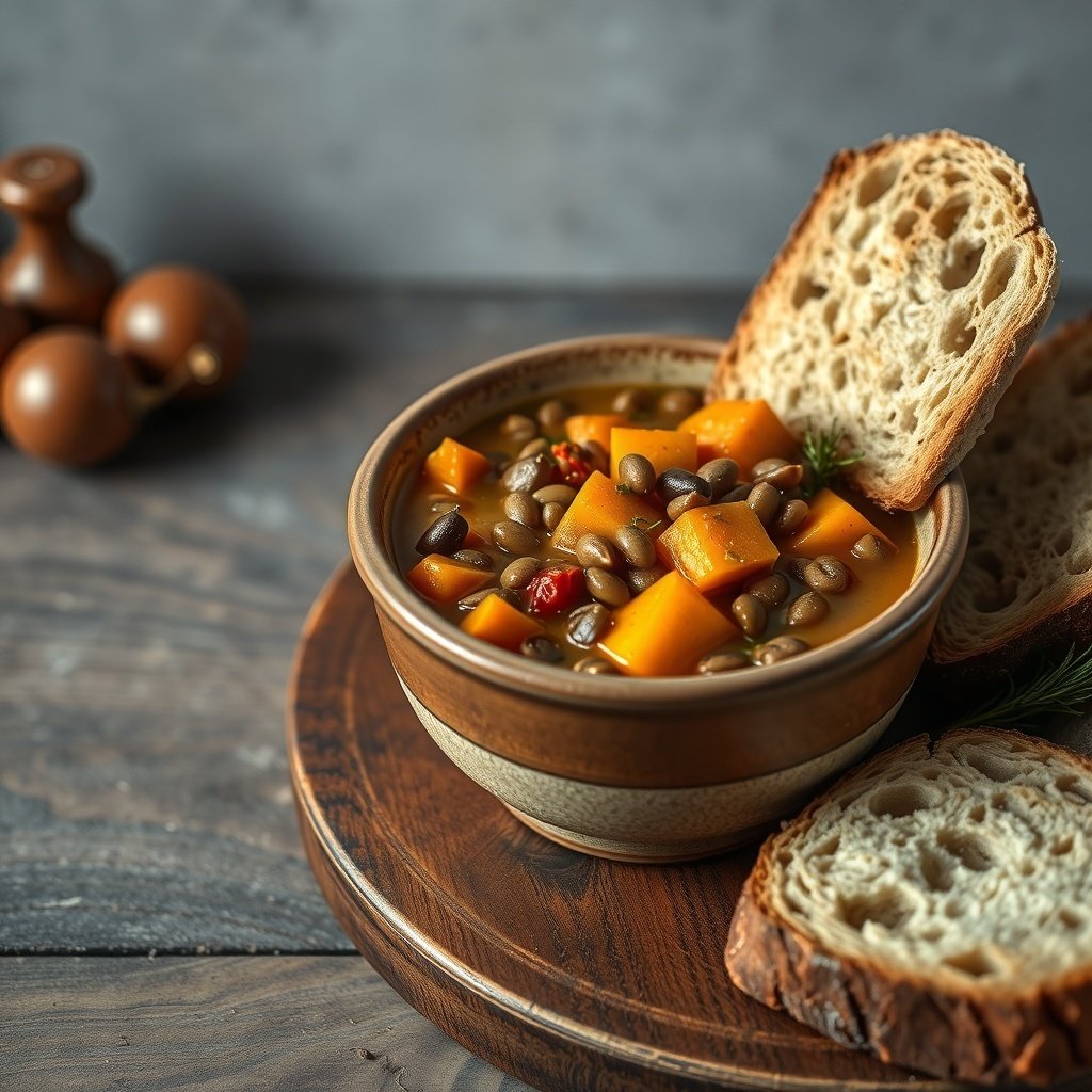 29 Delicious Pumpkin Recipes for Fall Cooking A bowl of pumpkin and lentil stew with bread on the side.