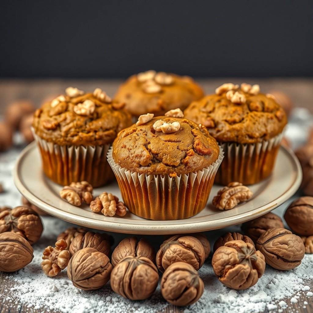 30 Delicious Pumpkin Muffin Recipes You Need to Try A plate of nutty pumpkin muffins topped with walnuts, surrounded by whole walnuts.