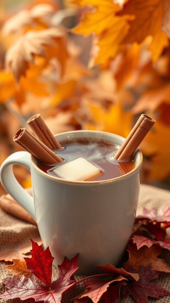 50 Gorgeous Fall Wallpapers to Transform Your Space A warm cup of cider with cinnamon sticks and a pat of butter, surrounded by autumn leaves.