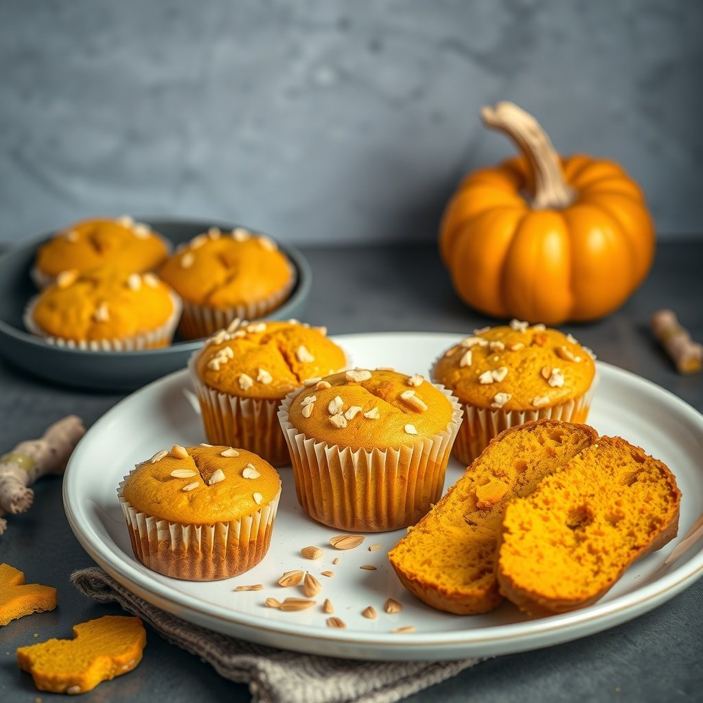 30 Delicious Pumpkin Muffin Recipes You Need to Try Pumpkin muffins with fresh ginger and oats on a plate, with a slice of pumpkin bread and a decorative pumpkin in the background.