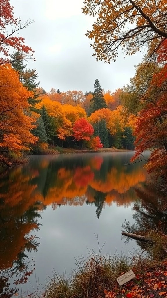 50 Gorgeous Fall Wallpapers to Transform Your Space A serene lake surrounded by autumn trees with vibrant orange and red leaves reflecting in the water.