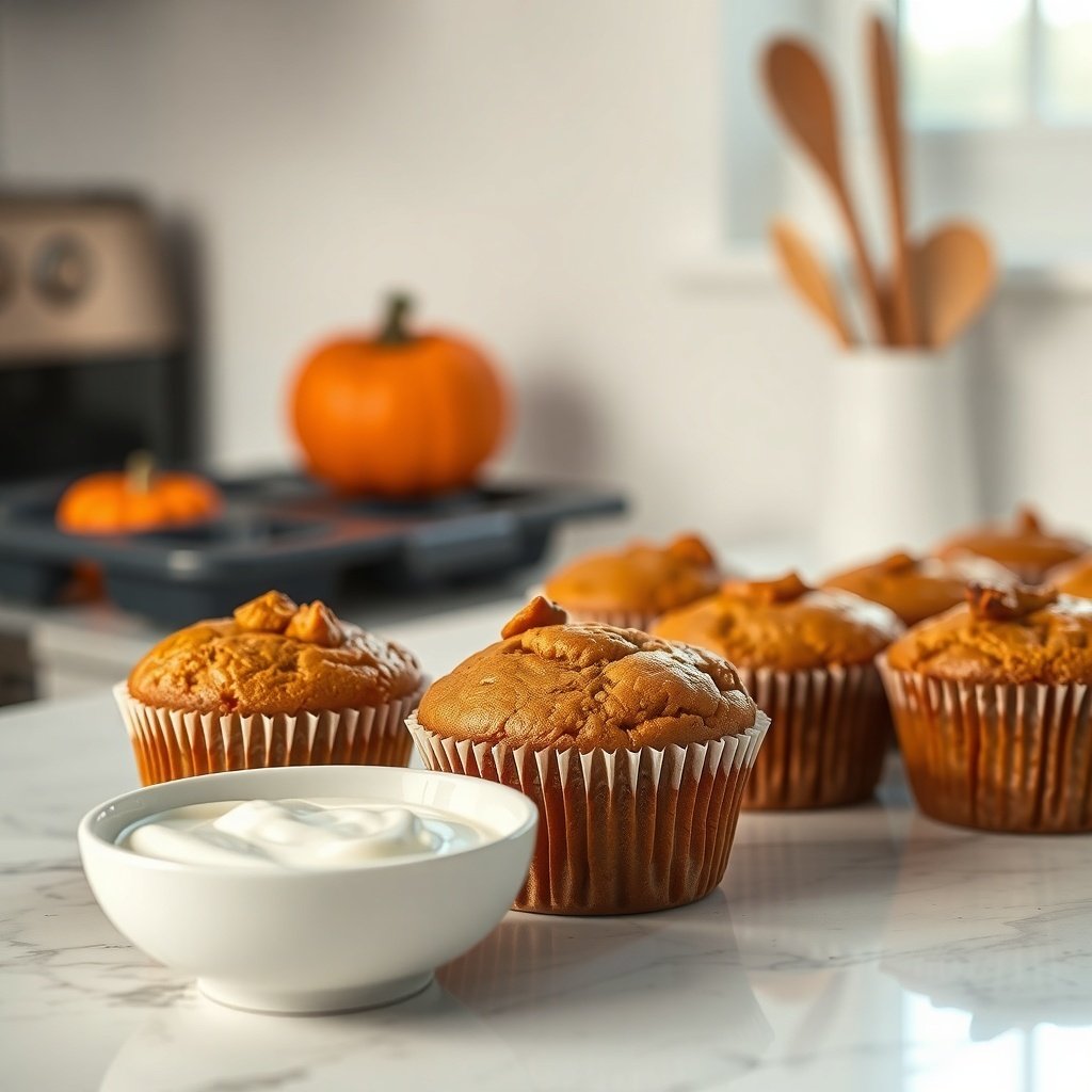 30 Delicious Pumpkin Muffin Recipes You Need to Try Pumpkin muffins with Greek yogurt on a marble countertop, featuring a pumpkin in the background.