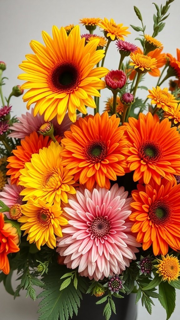 50 Gorgeous Fall Wallpapers to Transform Your Space A vibrant floral arrangement featuring orange, yellow, and pink flowers.