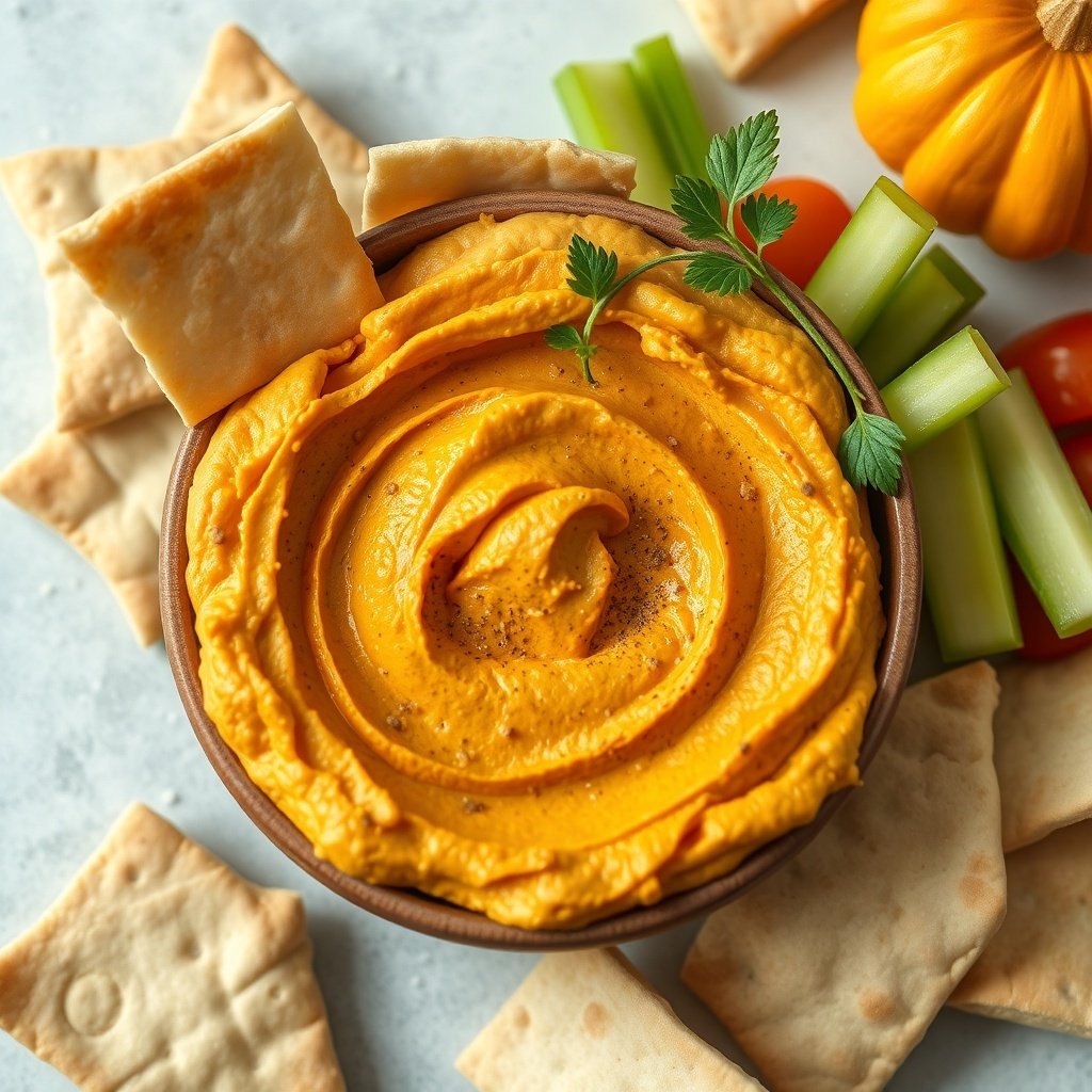 29 Delicious Pumpkin Recipes for Fall Cooking A bowl of pumpkin hummus garnished with herbs, surrounded by pita chips and fresh vegetables.