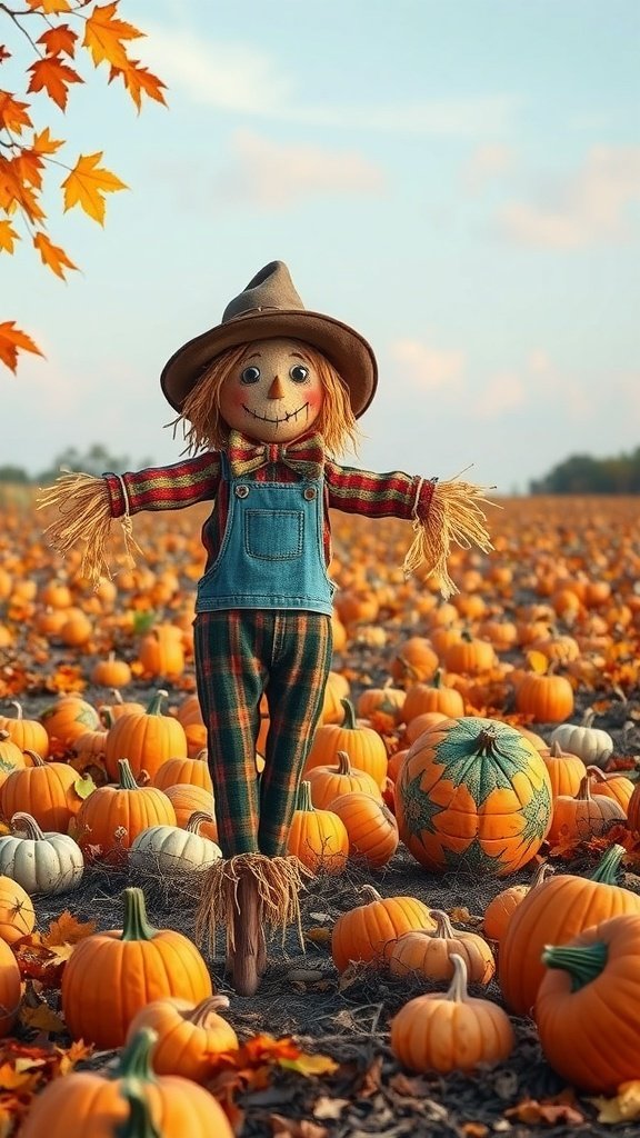 50 Gorgeous Fall Wallpapers to Transform Your Space A cheerful scarecrow in a pumpkin patch during fall, surrounded by pumpkins and autumn leaves.