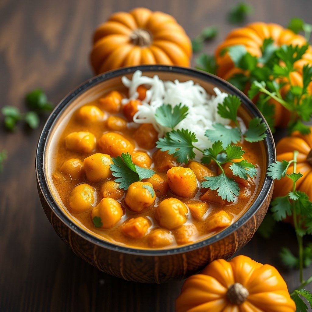 29 Delicious Pumpkin Recipes for Fall Cooking A bowl of pumpkin curry with chickpeas, garnished with cilantro, surrounded by small pumpkins.