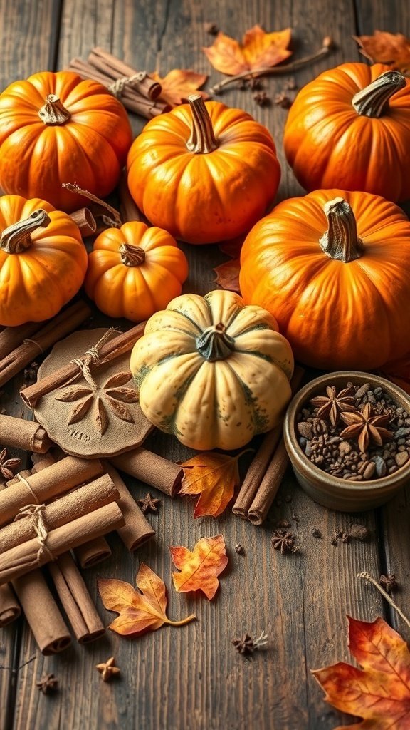 50 Gorgeous Fall Wallpapers to Transform Your Space A collection of orange pumpkins, cinnamon sticks, and autumn leaves on a wooden surface
