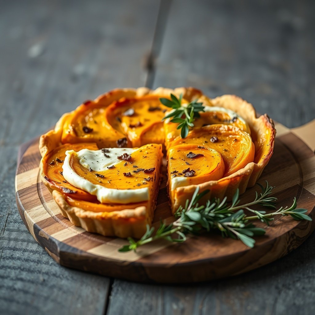 29 Delicious Pumpkin Recipes for Fall Cooking A delicious pumpkin and goat cheese tart on a wooden serving board, garnished with fresh herbs.