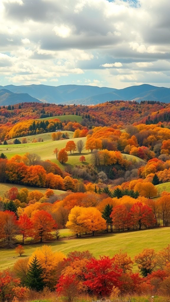 50 Gorgeous Fall Wallpapers to Transform Your Space A picturesque autumn landscape with colorful trees and rolling hills under a cloudy sky.