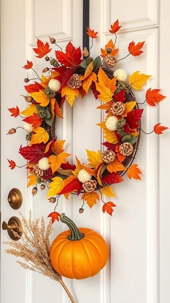 50 Gorgeous Fall Wallpapers to Transform Your Space A colorful fall wreath made of orange, red, and yellow leaves, pine cones, and white pom-poms, hanging on a white door with a pumpkin at the base.
