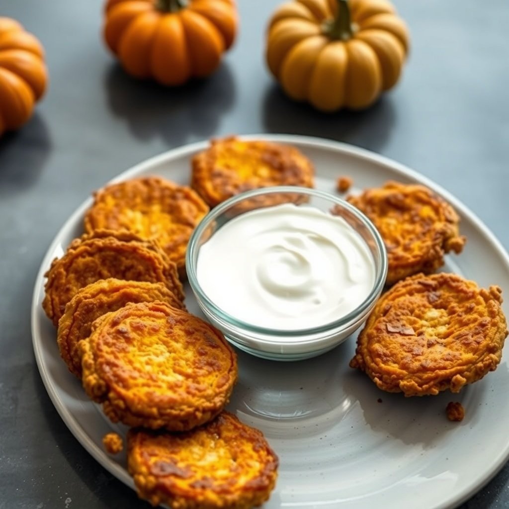 29 Delicious Pumpkin Recipes for Fall Cooking Plate of pumpkin fritters with a yogurt dip and decorative pumpkins in the background.