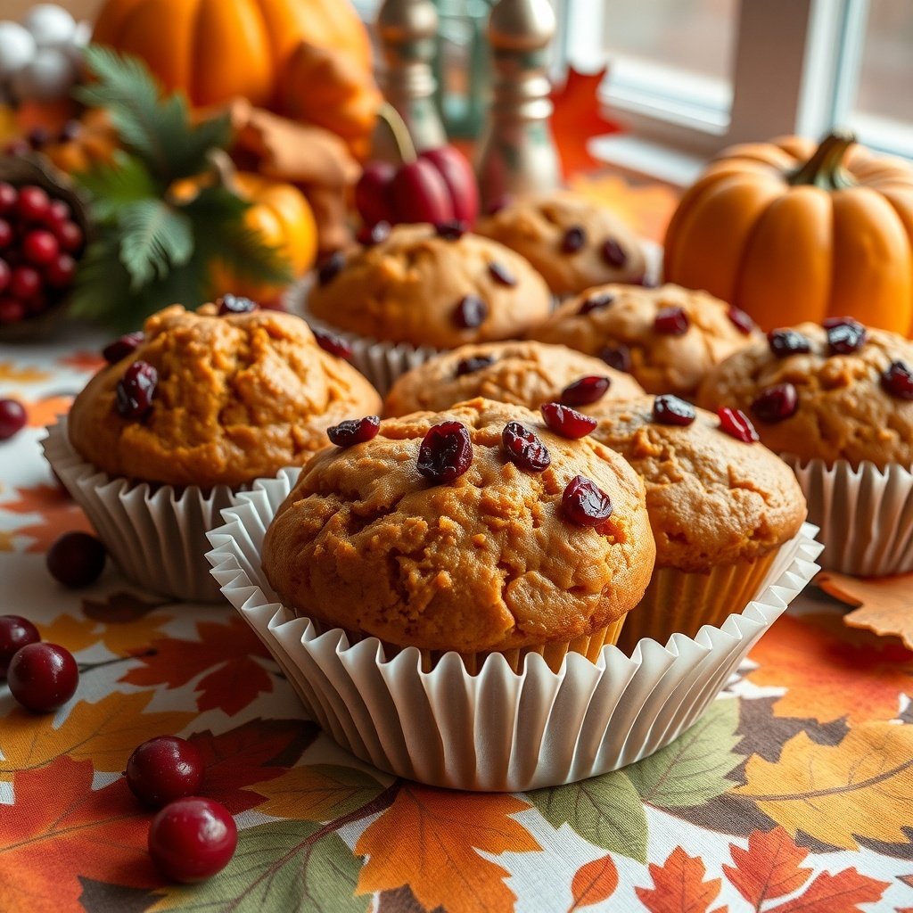 30 Delicious Pumpkin Muffin Recipes You Need to Try Delicious pumpkin muffins topped with dried cranberries, displayed on a colorful autumn-themed table.