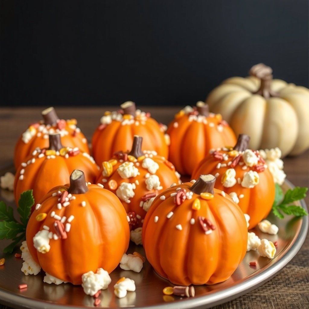 29 Delicious Pumpkin Recipes for Fall Cooking A plate of pumpkin-shaped popcorn balls decorated with sprinkles and candy corn.