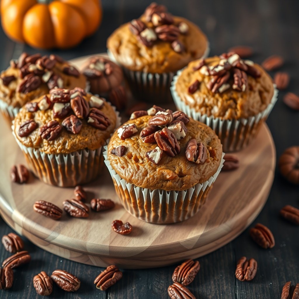 30 Delicious Pumpkin Muffin Recipes You Need to Try Delicious pumpkin muffins topped with pecans on a wooden platter