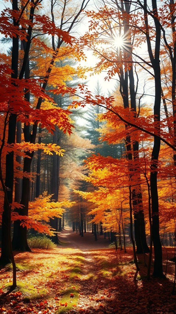 50 Gorgeous Fall Wallpapers to Transform Your Space A rustic autumn forest with vibrant orange and red leaves, sunlight shining through the trees.