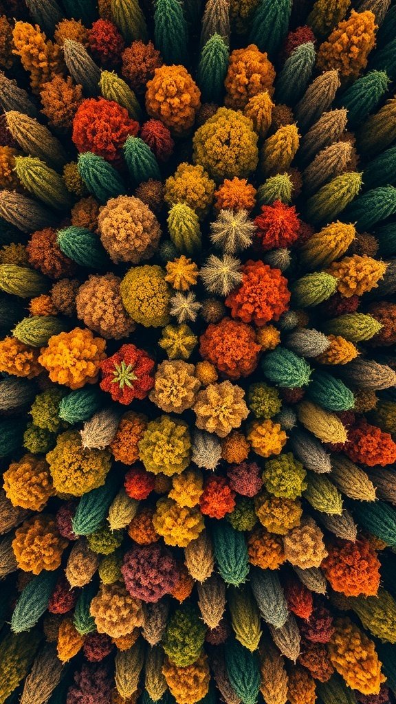 50 Gorgeous Fall Wallpapers to Transform Your Space Aerial view of a colorful autumn forest canopy with vibrant trees in shades of red, orange, and yellow.