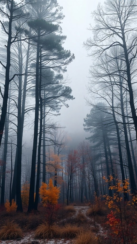 50 Gorgeous Fall Wallpapers to Transform Your Space A foggy forest in autumn with tall trees and colorful leaves. Fall Wallpaper