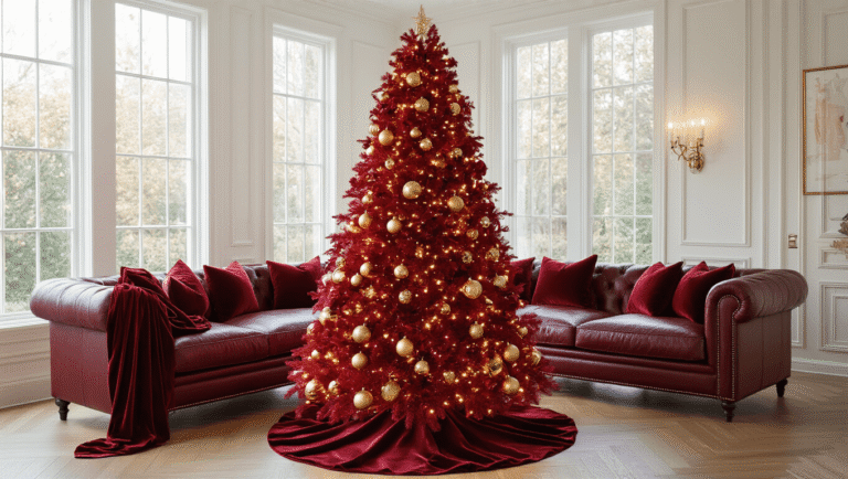 Cinematic wide-angle shot of an elegant living room showcasing a red artificial Christmas tree adorned with gold ornaments and velvet ribbons, complemented by a burgundy leather sectional sofa and warm natural lighting.