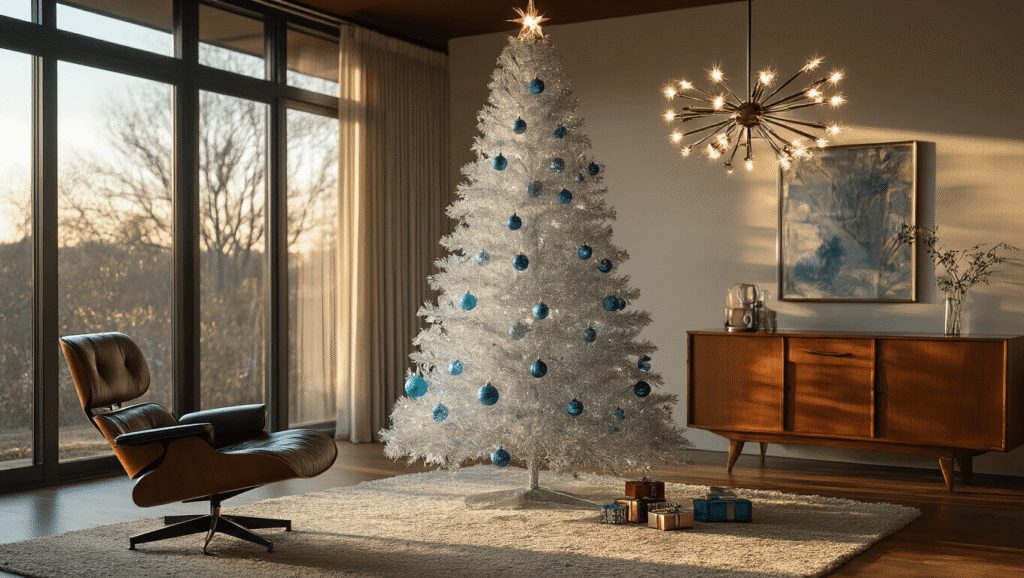 A photorealistic mid-century modern living room featuring a 7-foot silver aluminum tinsel Christmas tree decorated with vintage glass ornaments, showcasing warm afternoon light, a Sputnik chandelier, and authentic Eames furniture, all emphasizing a nostalgic 1960s atmosphere.