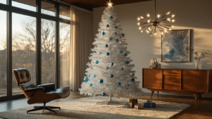 Sparkling Nostalgia: How to Create the Ultimate Retro Tinsel Christmas Tree A photorealistic mid-century modern living room featuring a 7-foot silver aluminum tinsel Christmas tree decorated with vintage glass ornaments, showcasing warm afternoon light, a Sputnik chandelier, and authentic Eames furniture, all emphasizing a nostalgic 1960s atmosphere.