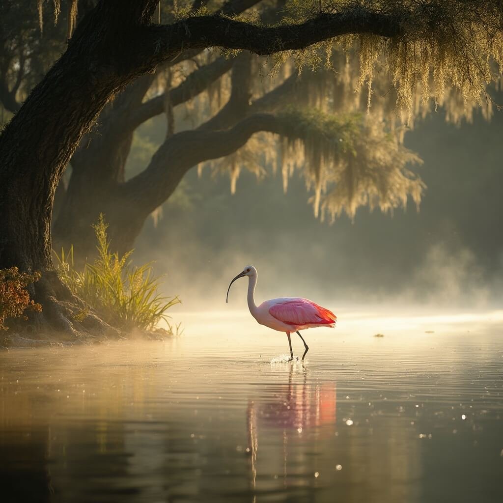 Why Sarasota in March is Your Ultimate Escape (Beaches, Festivals, and Perfect Weather Await!) Roseate spoonbill wading in clear waters at Myakka River State Park during golden hour, with Spanish moss draped oak trees and morning mist in the background