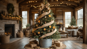 A beautifully decorated 7-foot Fraser fir Christmas tree in a galvanized metal bucket, featuring burlap ribbon, wooden ornaments, and warm fairy lights, set in a cozy farmhouse living room with rustic decor, soft morning light, and a stone fireplace.