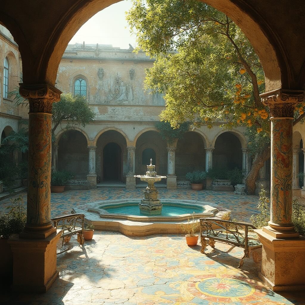 Naples in August: The Ultimate Sun-Soaked Adventure You Can't Miss Early morning view of the peaceful ceramic-tiled courtyards of Santa Chiara Monastery in Naples featuring intricate majolica tiles, Gothic architecture, aromatic gardens and tranquil fountain