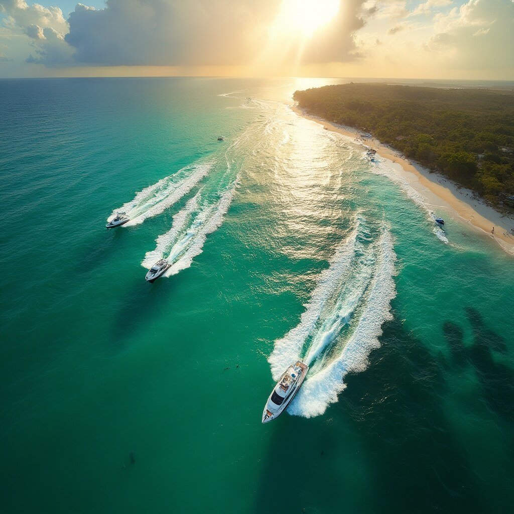 Sarasota in September: Your Ultimate Insider's Guide to Sun, Fun, and Hidden Gems Aerial view of Sarasota coastline at golden hour with racing powerboats in turquoise waters, surrounded by emerald green landscape