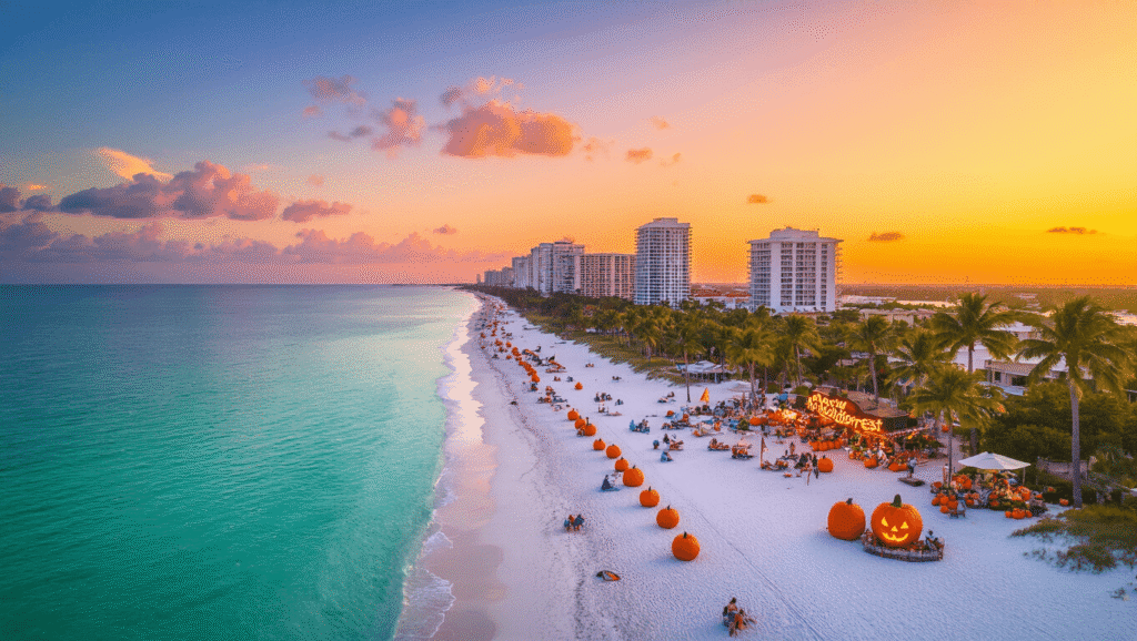 Sarasota in October: Your Ultimate Guide to Florida's Hidden Autumn Paradise "Sarasota's coastline with Siesta Key Beach, palm trees, fall festival decors, crystal-clear turquoise waters, orange and pink sky, ROCKtoberfest and Halloween signs, modern skyline, umbrellas, and beachgoers in autumn at sunset."