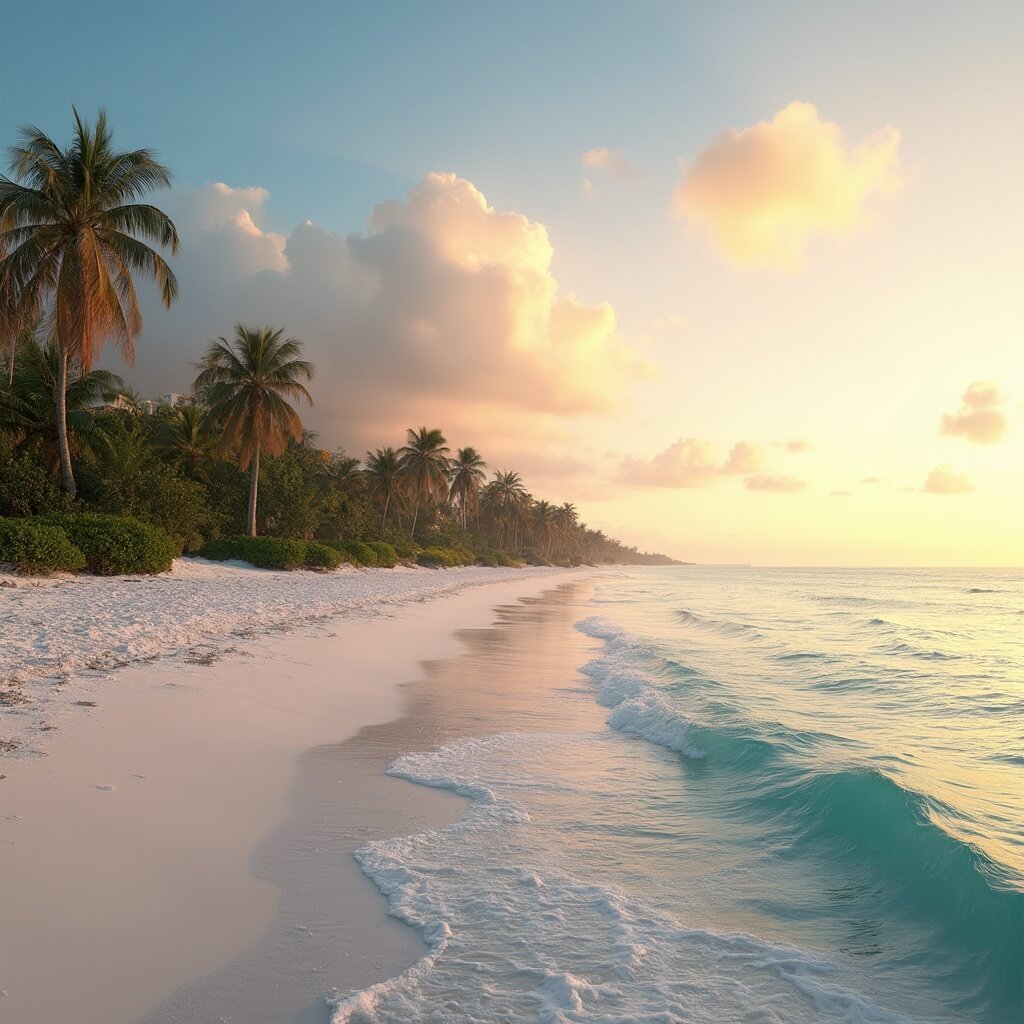 Panoramic view of a desert beach in Sarasota at sunset with palm tree silhouettes and gentle waves hitting the shore