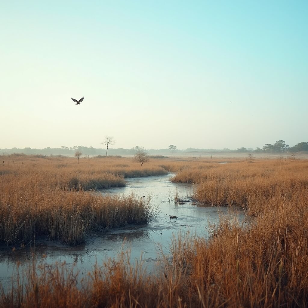 Why Sarasota in January is Your Secret Winter Paradise (Without the Snow!) Winter view of Celery Fields in Sarasota with wetlands, native grasses, rolling terrain, hawks soaring in clear blue sky, in soft morning light