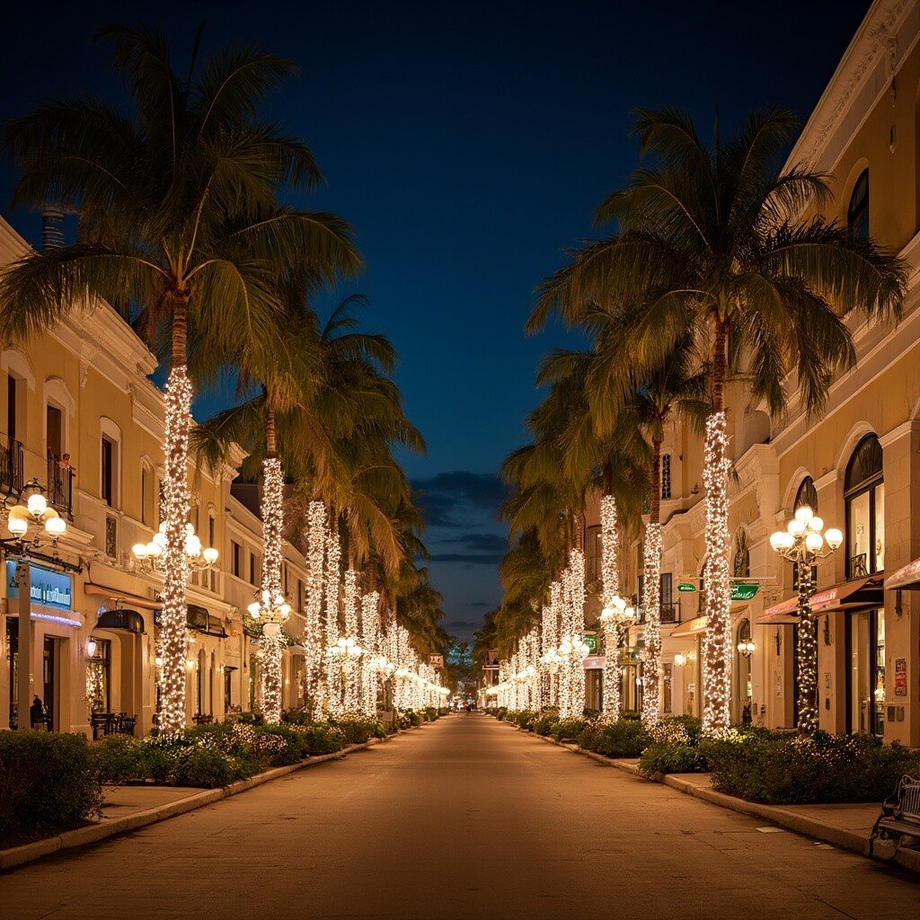 "Why Sarasota in December Will Blow Your Mind: The Ultimate Winter Escape You Never Knew You Needed" Downtown Sarasota's festive night scene with holiday lights on palm trees, historic buildings, Christmas decorations, streetlamps' warm glow and manicured tropical landscape on a crisp winter evening