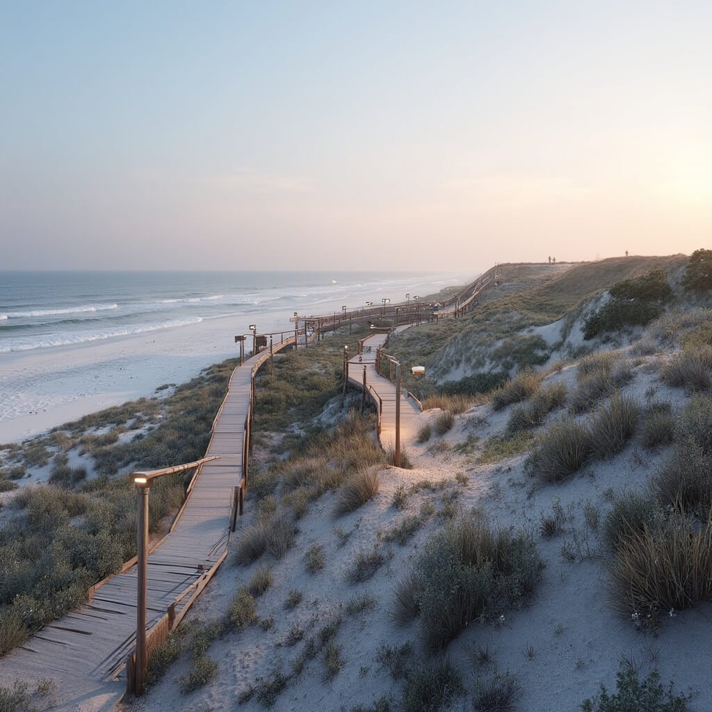 Scorching Secrets: Why Sarasota in June Will Blow Your Mind (Literally and Figuratively) Dawn at Sarasota shore with wooden boardwalks crossing dunes, solar-powered lighting, pristine beach, and native coastal vegetation
