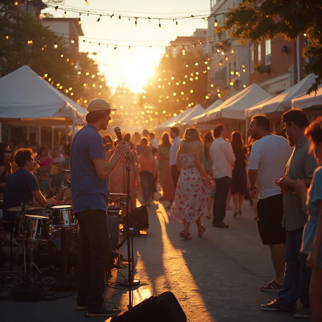 Scorching Secrets: Why August in Sarasota is Your Unexpected Paradise (Even with the Heat!) Outdoor Music on Main Street festival in Sarasota with local musicians performing on stage, audience enjoying music under soft ambient lights in a warm summer evening, representing a vibrant community atmosphere.