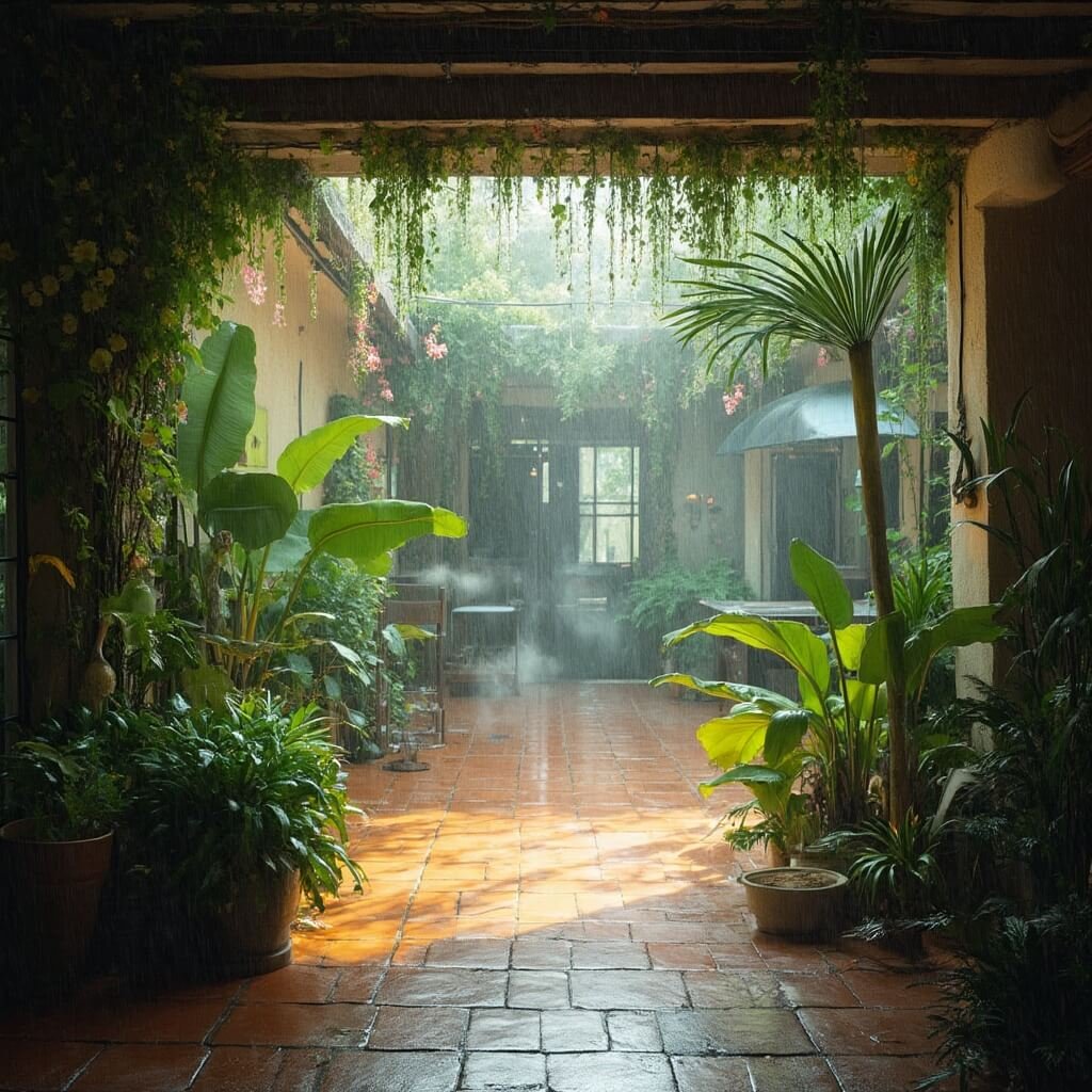 Scorching Secrets: Why August in Sarasota is Your Unexpected Paradise (Even with the Heat!) Covered outdoor patio of a Sarasota art gallery during a late afternoon rain shower, framed by tropical plants and modern art sculptures, with rain glistening on palm leaves and steam rising from the warm pavement.