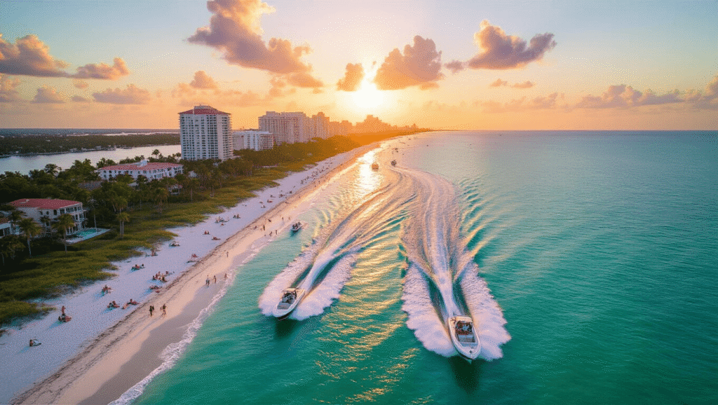 Sarasota in September: Your Ultimate Insider's Guide to Sun, Fun, and Hidden Gems "Aerial view of Sarasota's coastline during golden hour, featuring powerboats racing in the turquoise waters, beachgoers relaxing on the white sand beaches, and the city skyline against a pink-orange sunset sky"