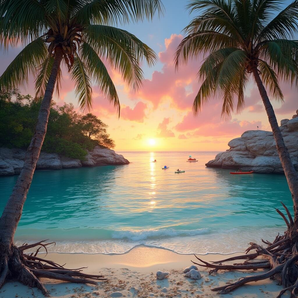 "Why Sarasota in December Will Blow Your Mind: The Ultimate Winter Escape You Never Knew You Needed" Sunset at a secluded Sarasota beach cove with turquoise waters, white sands, swaying palm trees, kayakers, and colorful sky scape.