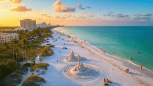November in Sarasota: Your Ultimate Gulf Coast Paradise Revealed "Aerial view of Sarasota coastline at sunset featuring Siesta Key Beach, sand sculptors at Crystal Classic festival, beachgoers, palm trees, holiday decorations, The Ringling Museum, and local cafes, under a golden hour sky."