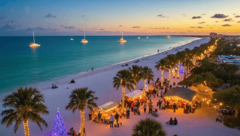 "Why Sarasota in December Will Blow Your Mind: The Ultimate Winter Escape You Never Knew You Needed" "Aerial view of Sarasota's coastline at sunset with holiday-lit palm trees, market stalls, illuminated boats, 'Lights in Bloom' display at Marie Selby Botanical Gardens, and lit Ringling Bridge, during December"