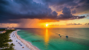 Scorching Secrets: Why August in Sarasota is Your Unexpected Paradise (Even with the Heat!) "Aerial view of Sarasota's coastline at sunset, featuring Siesta Key Beach, looming storm clouds over the Gulf of Mexico, swaying palm trees, beach umbrellas, distant lightning, Ringling Museum, and boats in the vibrant turquoise waters."