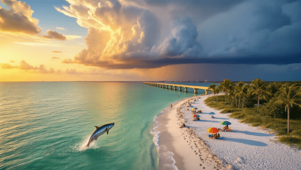 Scorching Secrets: Why Sarasota in June Will Blow Your Mind (Literally and Figuratively) "Aerial view of Sarasota coastline with storm clouds, leaping tarpon, beachgoers under umbrellas, sea turtle tracks, palm trees, and thermometer showing 90°F in 4K quality."