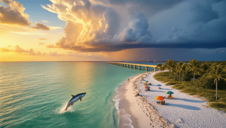 Scorching Secrets: Why Sarasota in June Will Blow Your Mind (Literally and Figuratively) "Aerial view of Sarasota coastline with storm clouds, leaping tarpon, beachgoers under umbrellas, sea turtle tracks, palm trees, and thermometer showing 90°F in 4K quality."